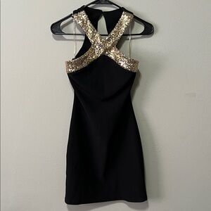 Chic Black Dress with Gold Sequin Straps